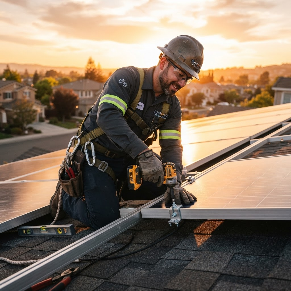 Técnico instalando painéis solares ao pôr do sol