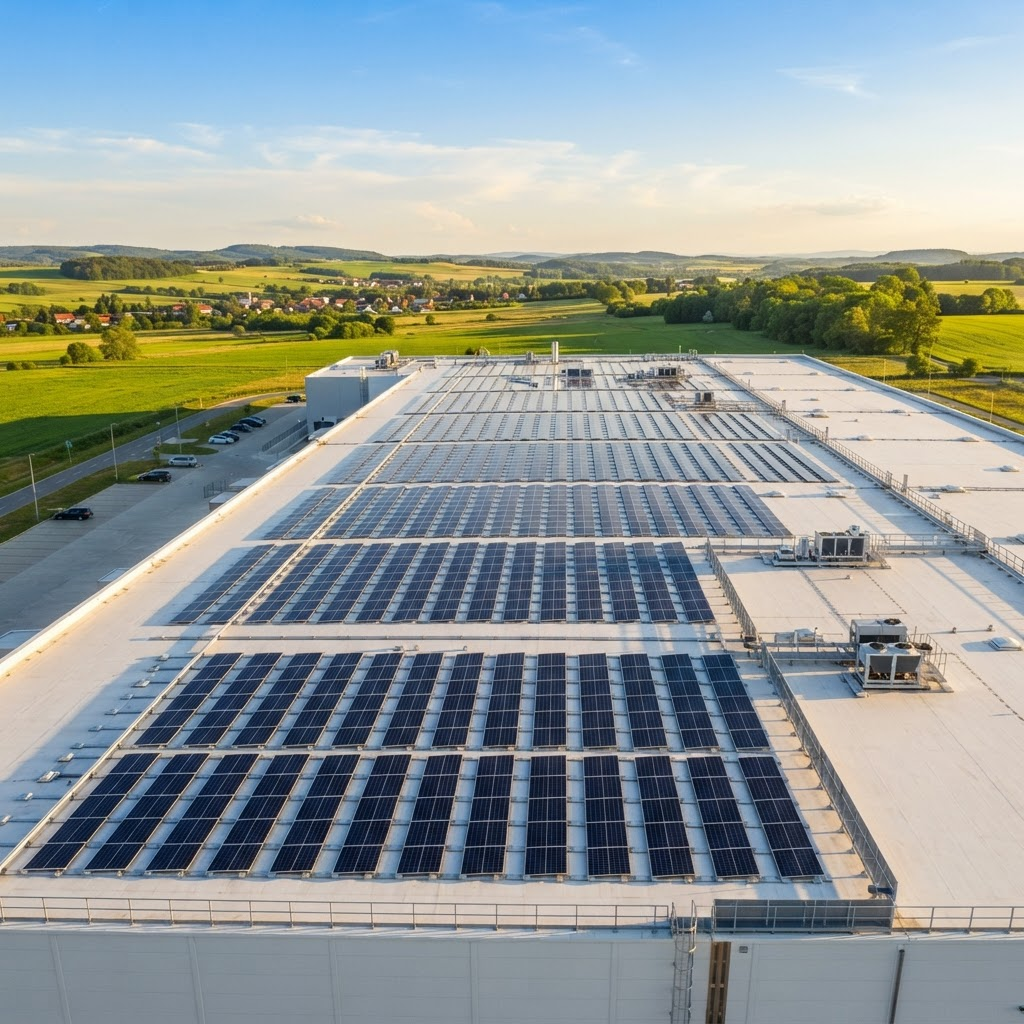 Painéis de energia solar instalados sobre telhado ao sol