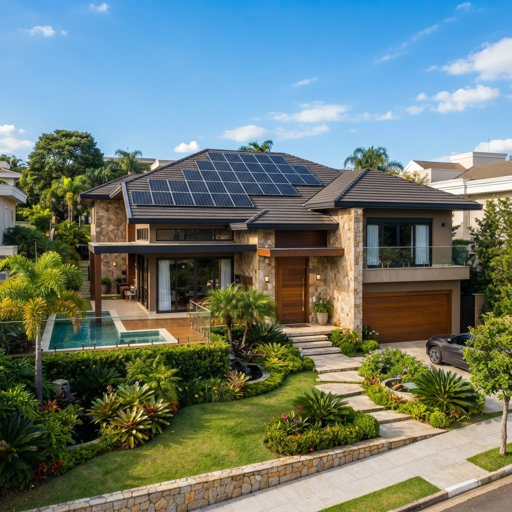 Casa residencial com placas solares no telhado